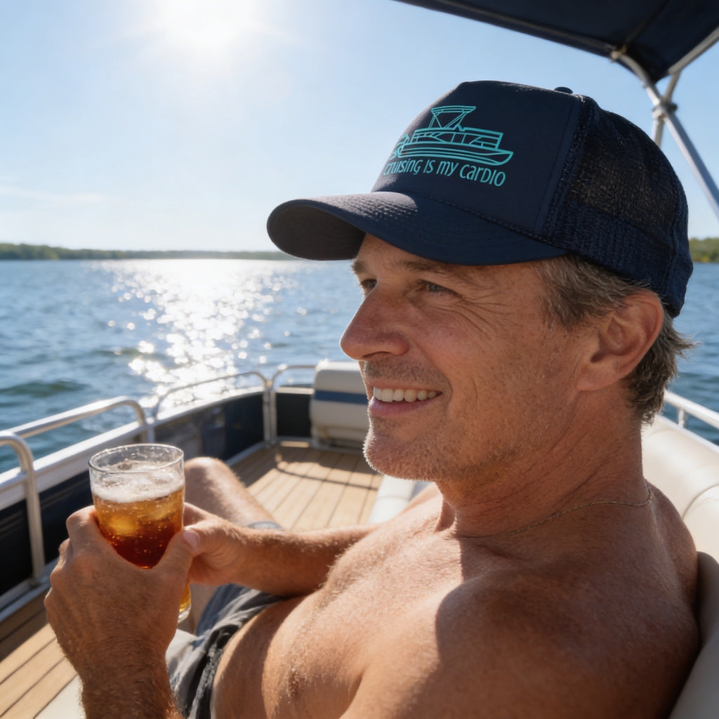 "Cruising Is My Cardio" Trucker Hat — Retro Pontoon Boat Foam Trucker